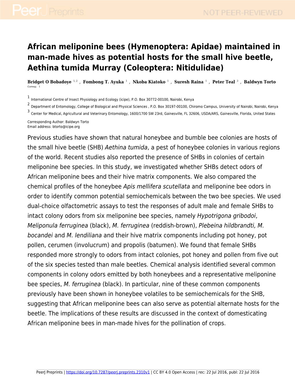 African Meliponine Bees (Hymenoptera: Apidae) Maintained