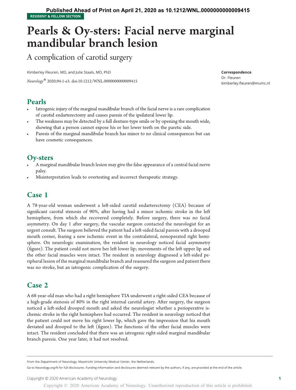 Facial Nerve Marginal Mandibular Branch Lesion a Complication of Carotid Surgery
