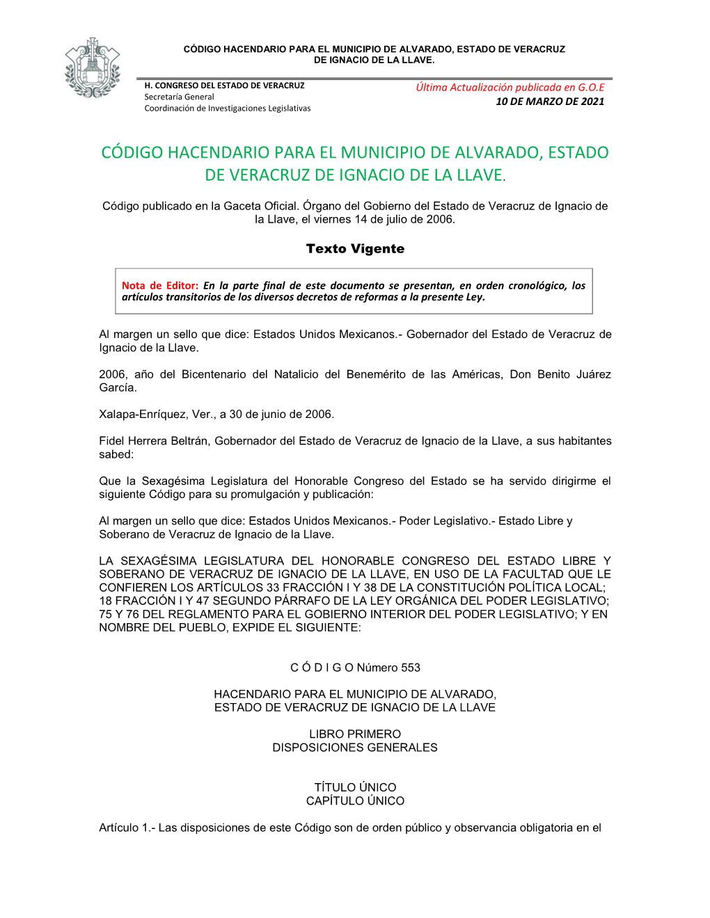 Código Hacendario Para El Municipio De Alvarado, Estado De Veracruz De Ignacio De La Llave