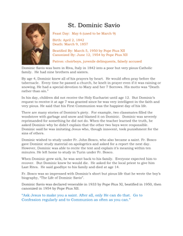 St. Dominic Savio Feast Day: May 6 (Used to Be March 9)