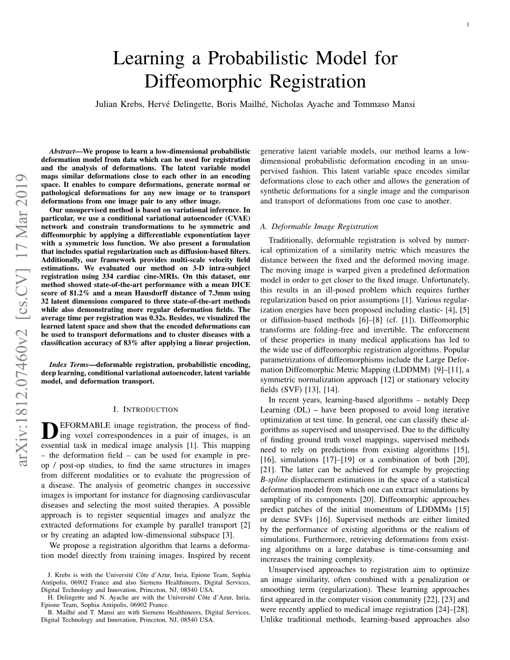 Learning a Probabilistic Model for Diffeomorphic Registration Julian Krebs, Herve´ Delingette, Boris Mailhe,´ Nicholas Ayache and Tommaso Mansi