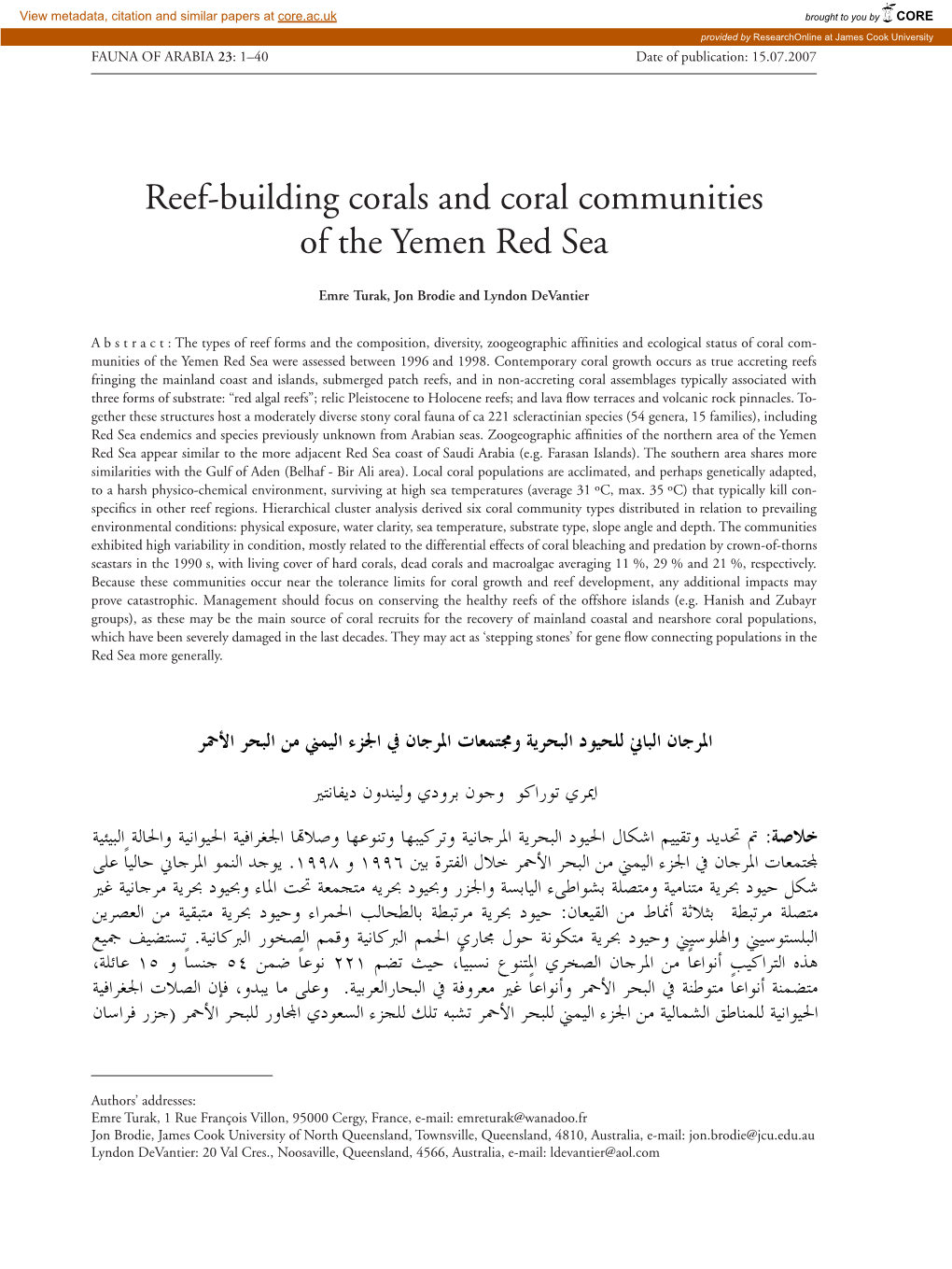 Reef-Building Corals and Coral Communities of the Yemen Red Sea