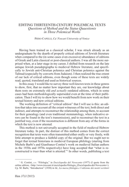 Editing Thirteenth-Century Polemical Texts Questions of Method and the Status Quaestionis in Three Polemical Works