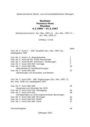 Nachlass Physiker 4.2.1896 – 31.3.1997
