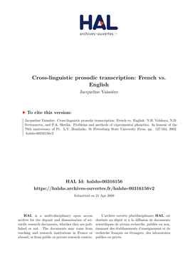 Cross-Linguistic Prosodic Transcription: French Vs. English Jacqueline Vaissière
