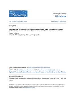 Separation of Powers, Legislative Vetoes, and the Public Lands