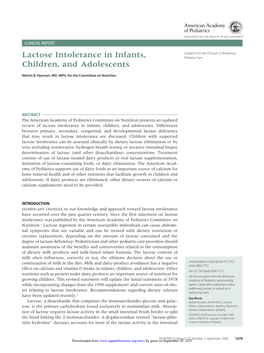 Lactose Intolerance in Infants, Pediatric Care Children, and Adolescents