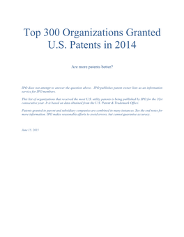 Top 300 Organizations Granted U.S. Patents in 2014