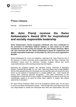 Press Release-Swiss Ambassadors Award 2014-December 03