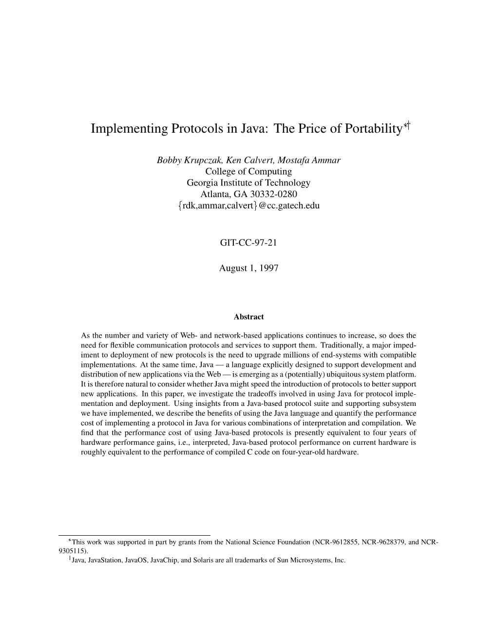 Implementing Protocols in Java: the Price of Portability ¢¡