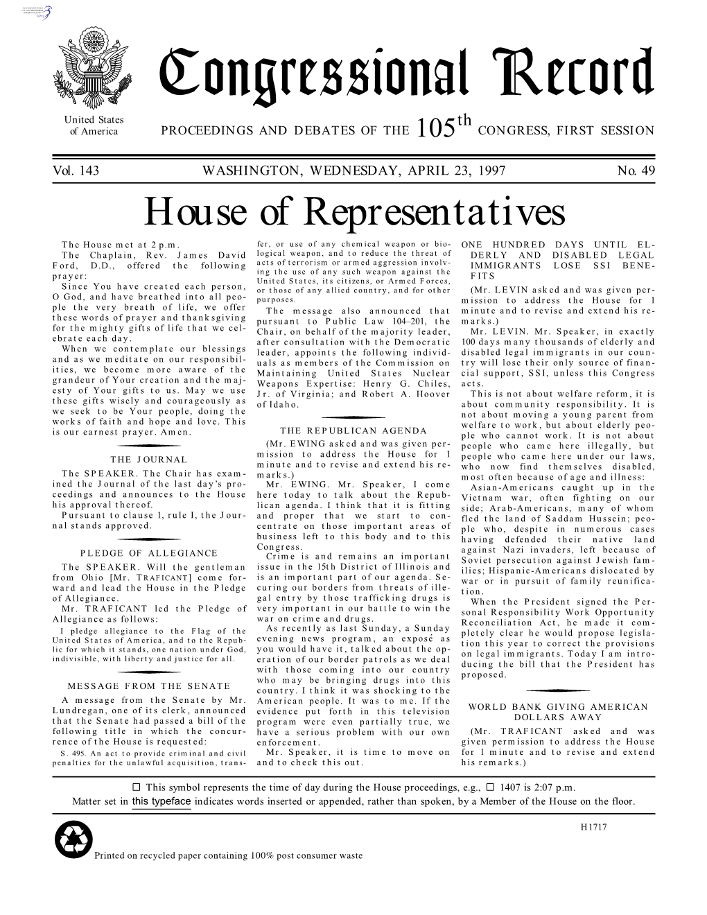 Congressional Record United States Th of America PROCEEDINGS and DEBATES of the 105 CONGRESS, FIRST SESSION