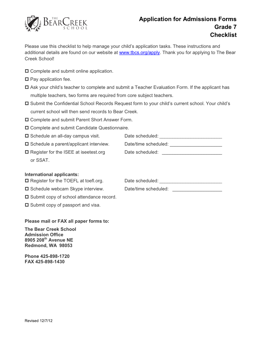 Application for Admissions Forms Grade 7 Checklist