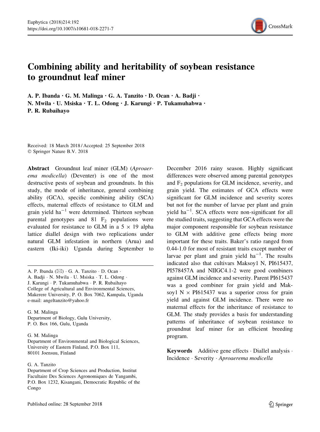 Combining Ability and Heritability of Soybean Resistance to Groundnut Leaf Miner