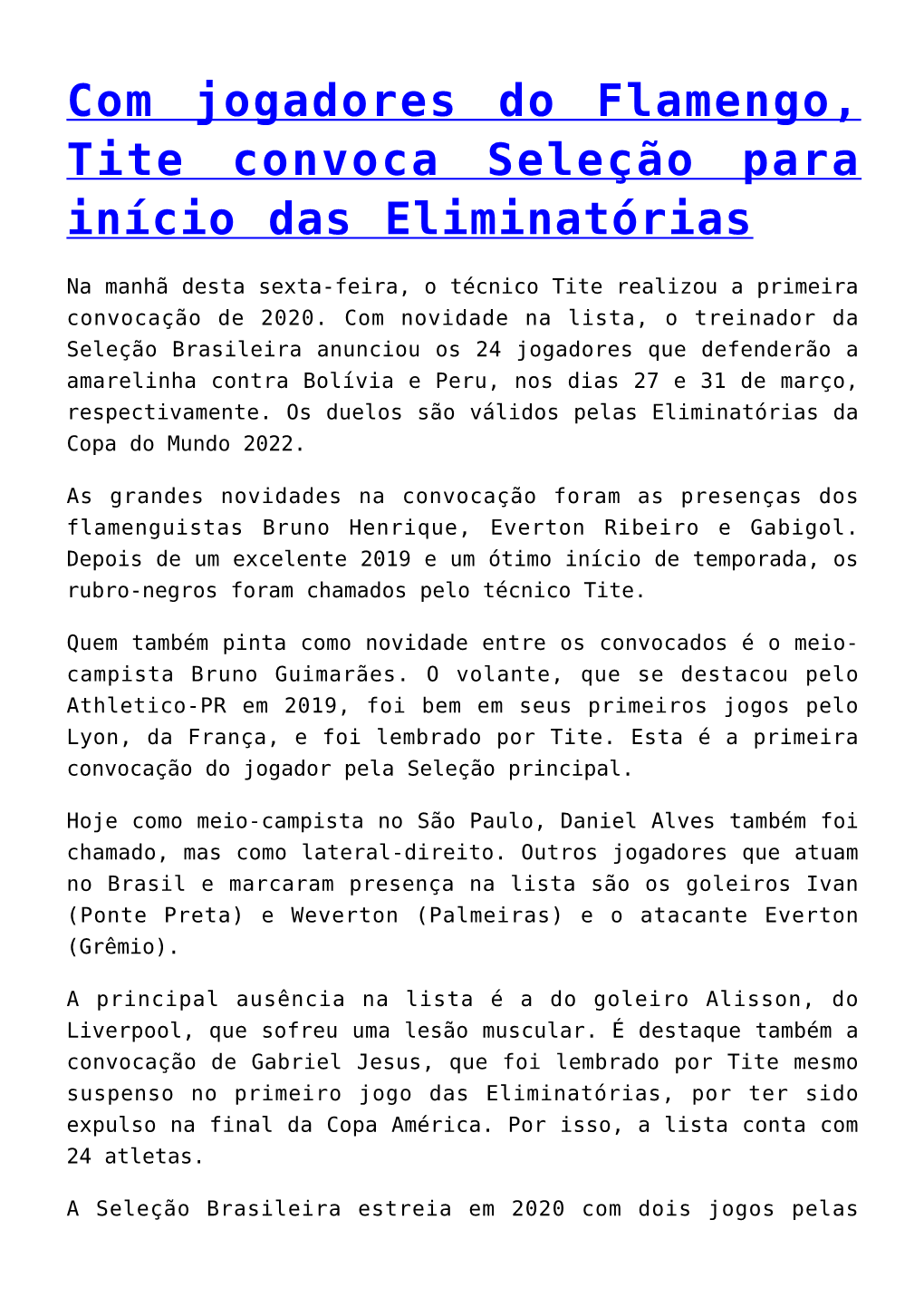 Com Jogadores Do Flamengo, Tite Convoca Seleção Para Início Das Eliminatórias