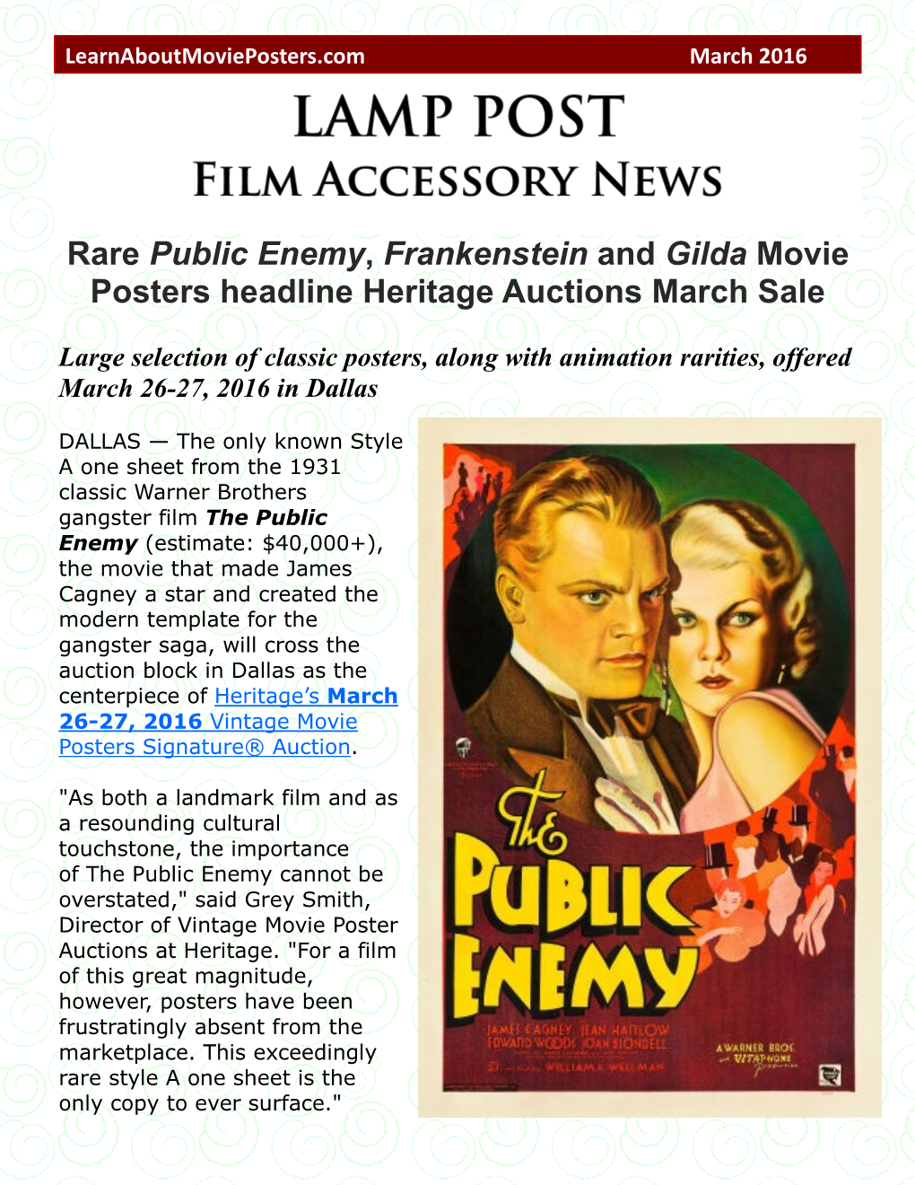 Rare Public Enemy, Frankenstein and Gilda Movie Posters Headline Heritage Auctions March Sale