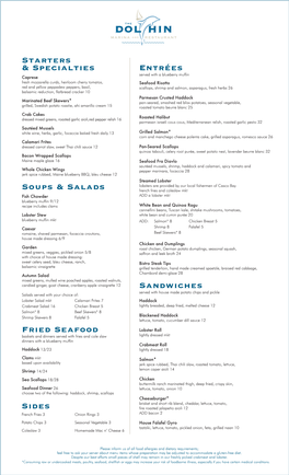 Starters & Specialties Soups & Salads Fried Seafood Sandwiches Entrées