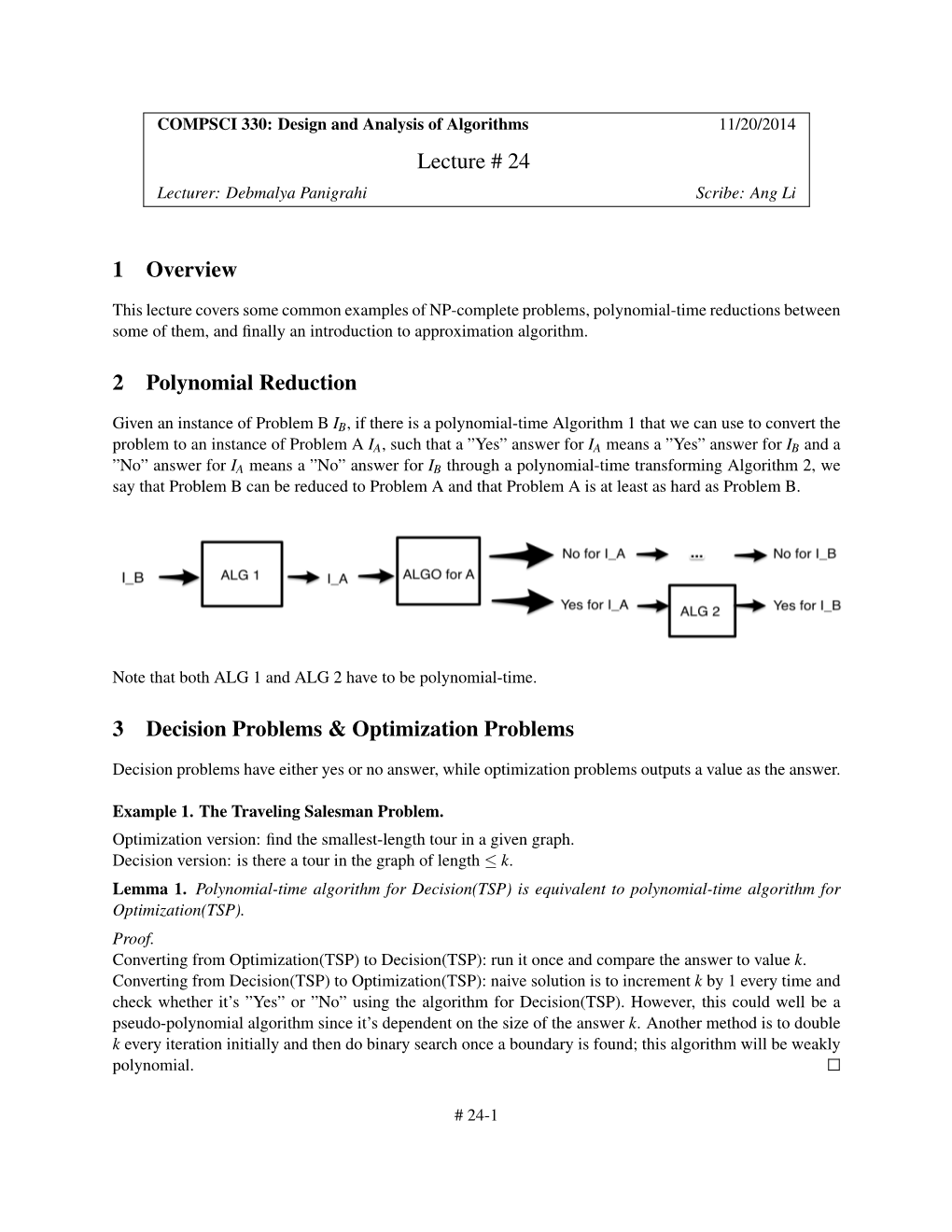 Lecture # 24 1 Overview 2 Polynomial Reduction 3 Decision Problems & Optimization Problems