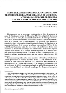 Actas De Las Reuniones De La Junta De Mando Provisional De Falange Española De Las J.O.N.S