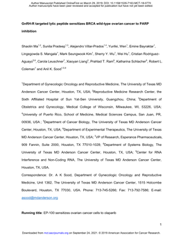 Gnrh-R Targeted Lytic Peptide Sensitizes BRCA Wild-Type Ovarian Cancer to PARP Inhibition