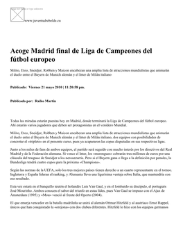 Acoge Madrid Final De Liga De Campeones Del Fútbol Europeo