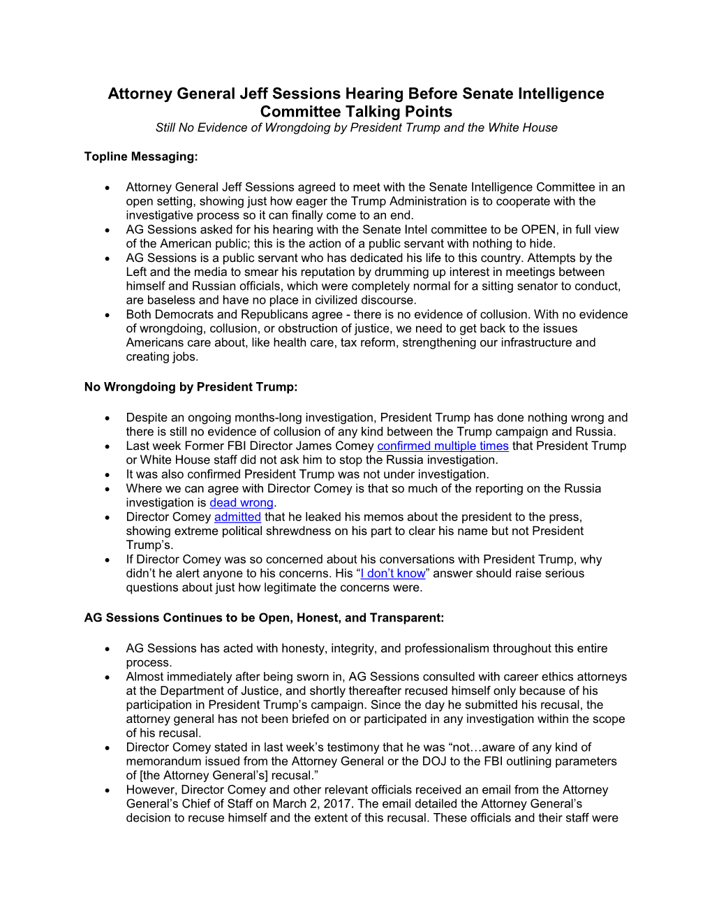Attorney General Jeff Sessions Hearing Before Senate Intelligence Committee Talking Points Still No Evidence of Wrongdoing by President Trump and the White House