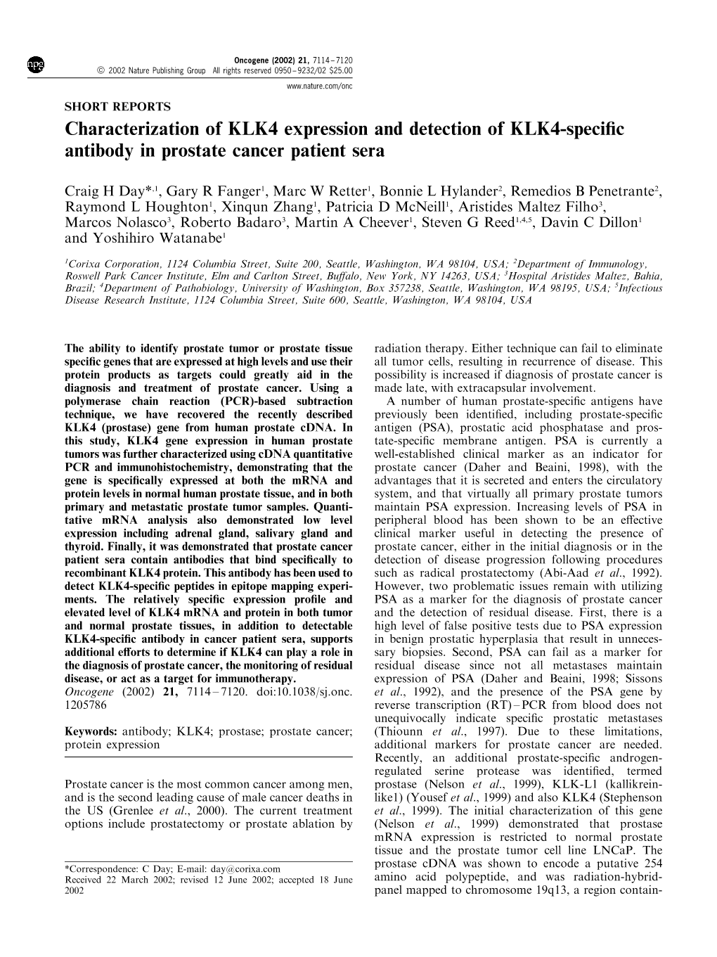 Characterization of KLK4 Expression and Detection of KLK4-Specific