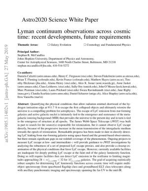 Astro2020 Science White Paper Lyman Continuum Observations Across Cosmic Time: Recent Developments, Future Requirements