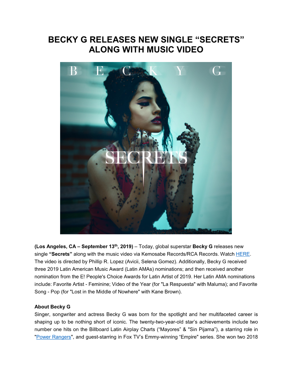 Becky G Releases New Single “Secrets” Along with Music Video