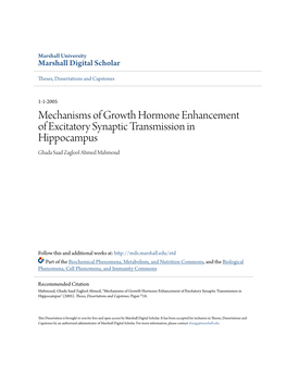 Mechanisms of Growth Hormone Enhancement of Excitatory Synaptic Transmission in Hippocampus Ghada Saad Zaglool Ahmed Mahmoud