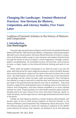 Changing the Landscape: Feminist Rhetorical Practices: New Horizons for Rhetoric, Composition, and Literacy Studies, Five Years Later