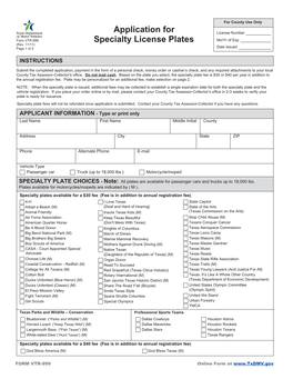 Application for Specialty License Plates