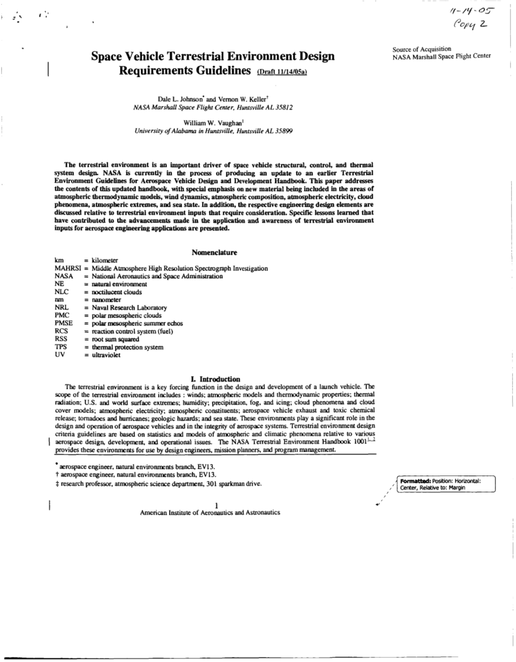 Space Vehicle Terrestrial Environment Design NASA Marshall Space Flight Center Requirements Guidelines (Draft 11/14/05A)