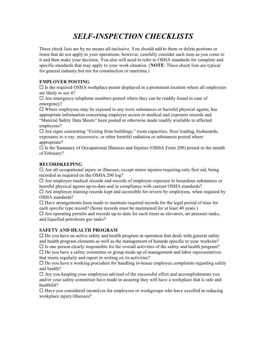 OSHA Self-Inspection Checklist