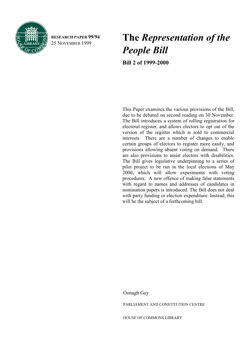 The Representation of the People Bill [Bill 2 of 1999-2000]