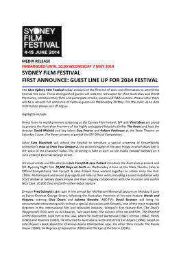 Sydney Film Festival First Announce: Guest Line up for 2014 Festival