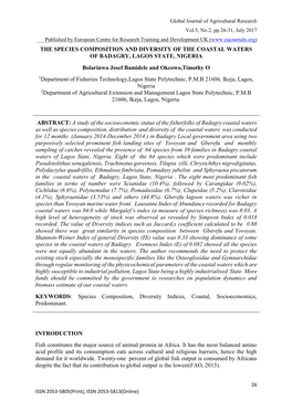 The Species Composition and Diversity of the Coastal