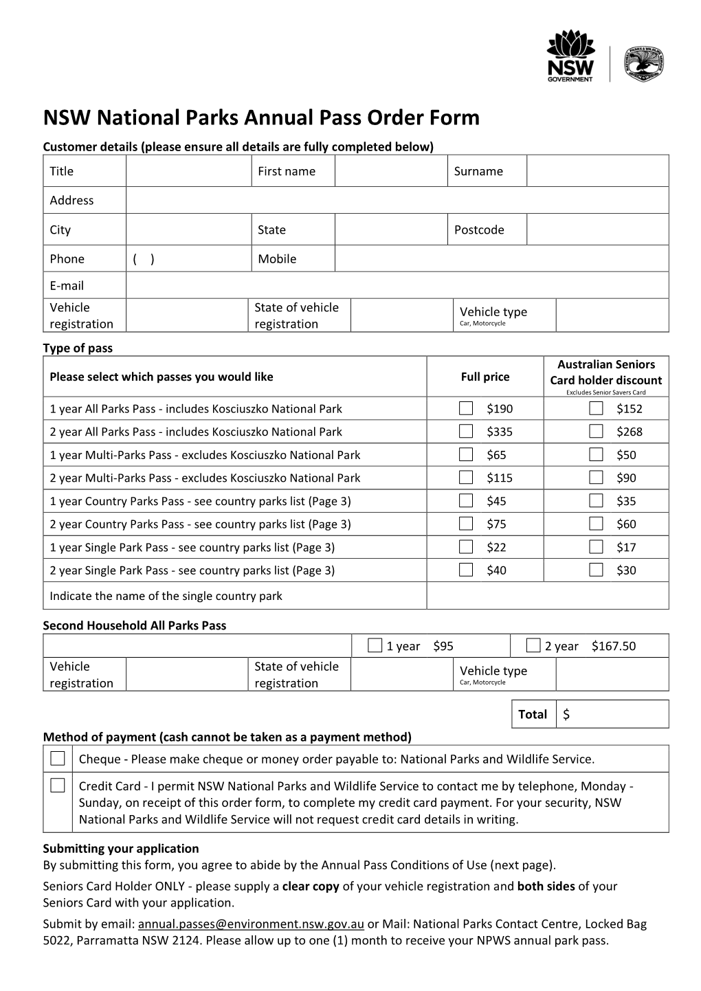 Order Form for NSW National Parks Annual Pass