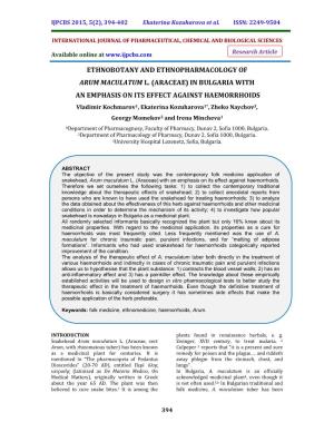 Ethnobotany and Ethnopharmacology of Arum Maculatum L. (Araceae)