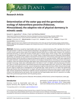Determination of the Water Gap and the Germination Ecology of Adenanthera Pavonina (Fabaceae, Mimosoideae); the Adaptive Role of Physical Dormancy in Mimetic Seeds