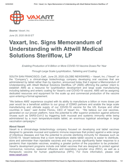 Vaxart, Inc. Signs Memorandum of Understanding with Attwill Medical Solutions Sterilflow, LP
