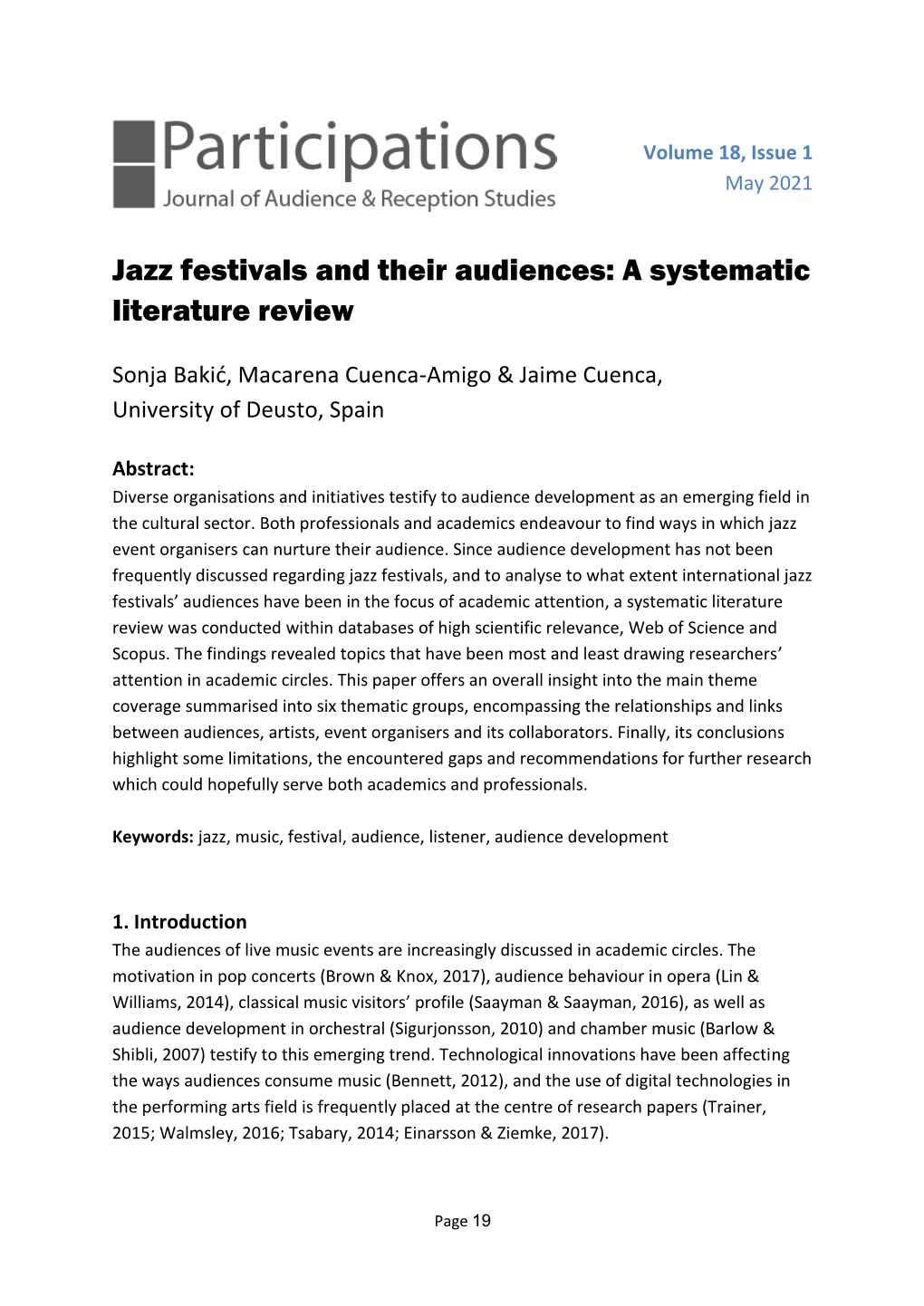 Jazz Festivals and Their Audiences: a Systematic Literature Review