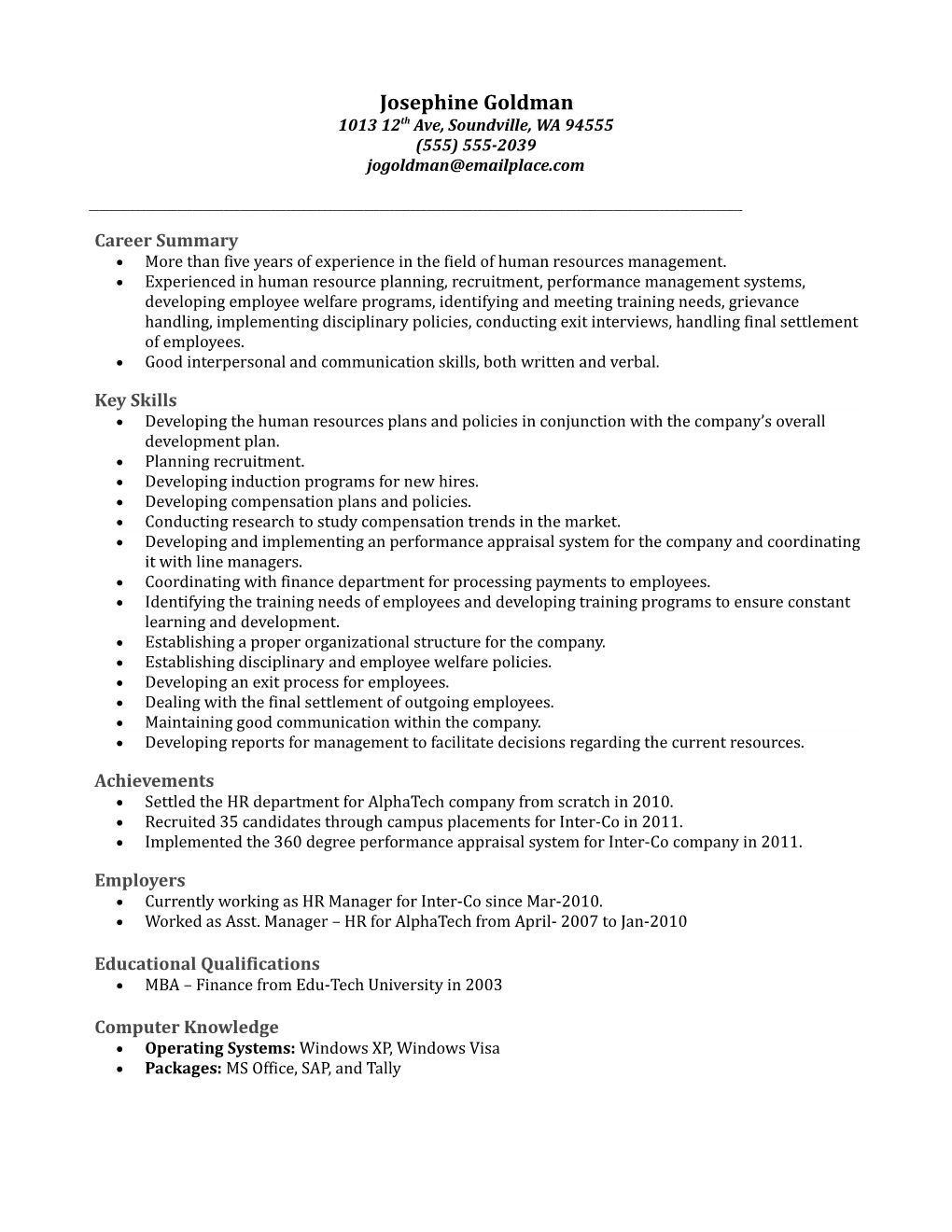 HR Manager Resume Example