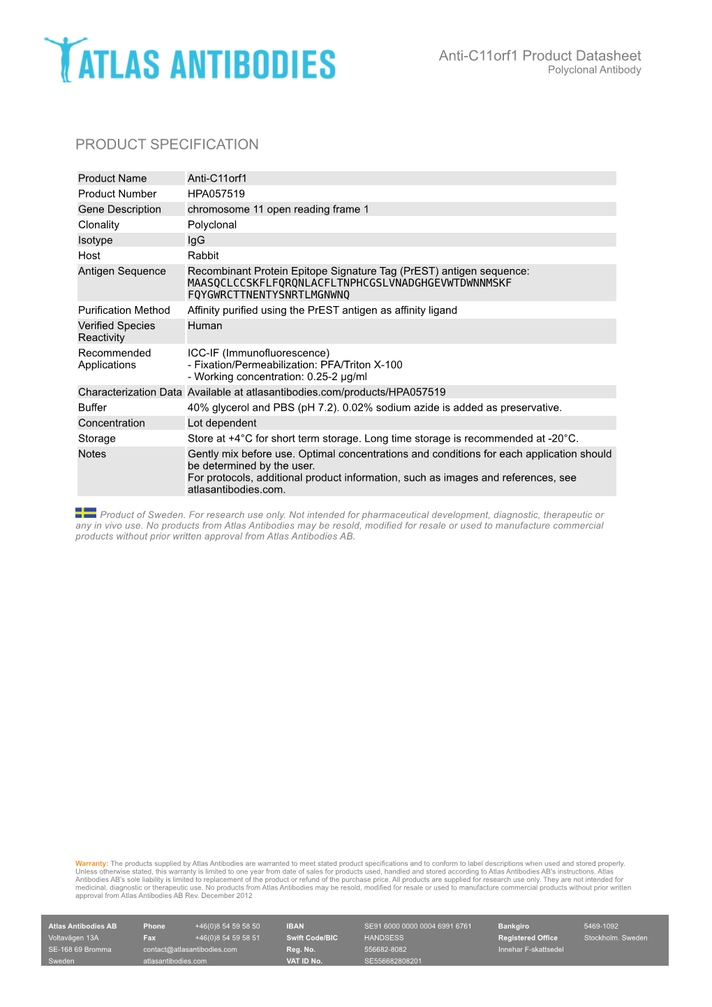 PRODUCT SPECIFICATION Anti-C11orf1 Product Datasheet