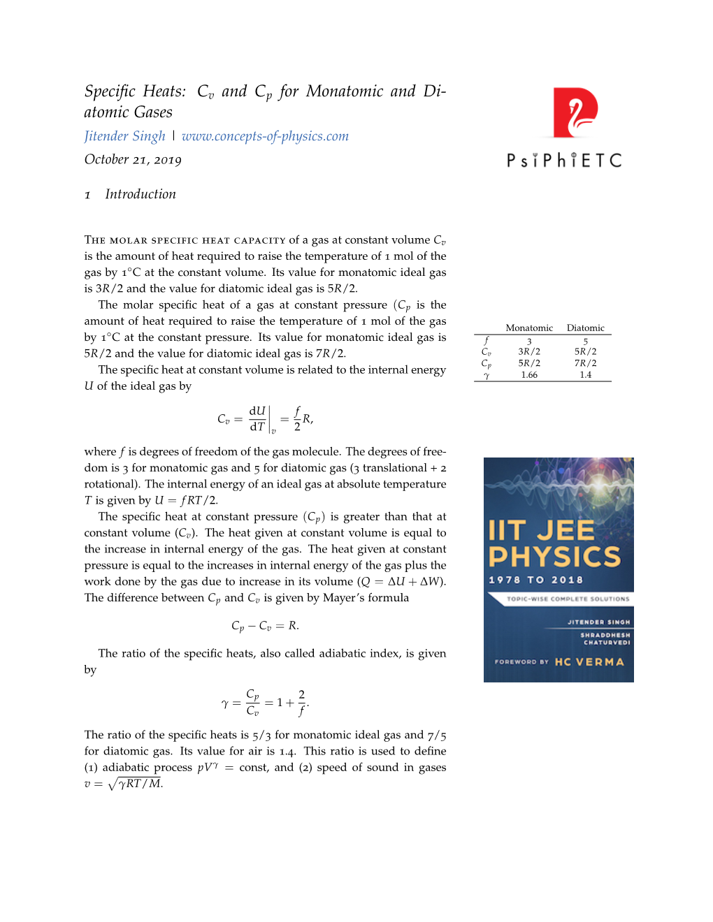 Specific Heats: Cv and Cp for Monatomic and Di- Atomic Gases