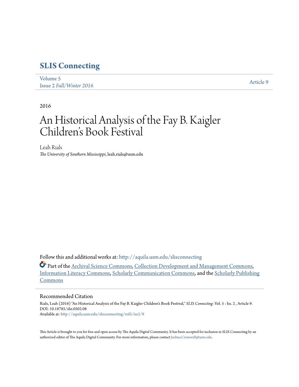 An Historical Analysis of the Fay B. Kaigler Children's Book Festival