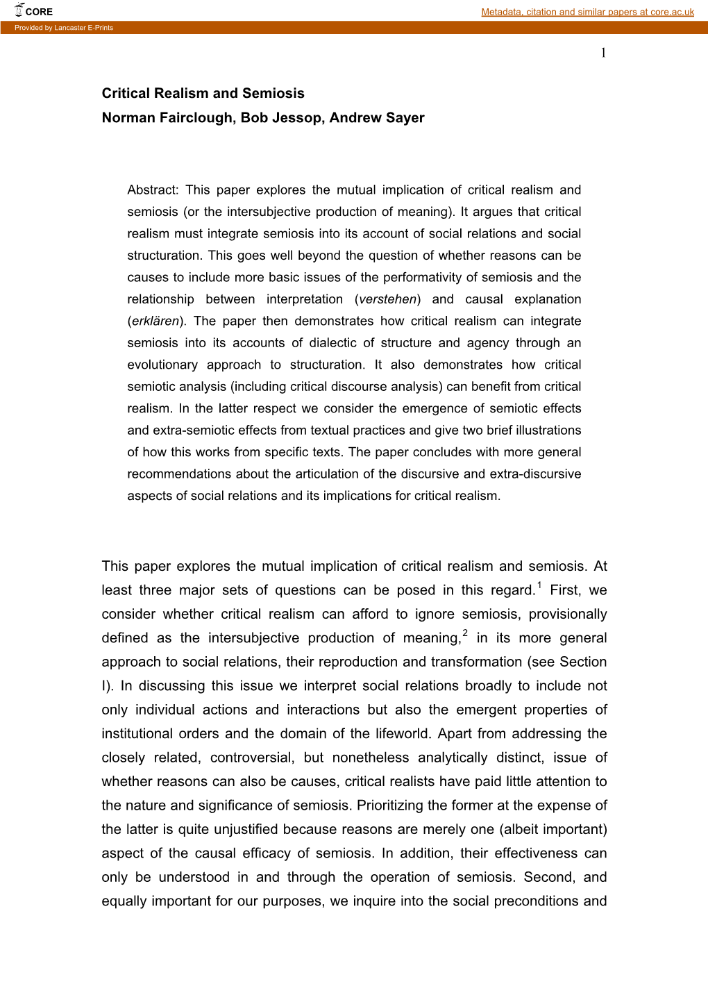 1 Critical Realism and Semiosis Norman Fairclough, Bob