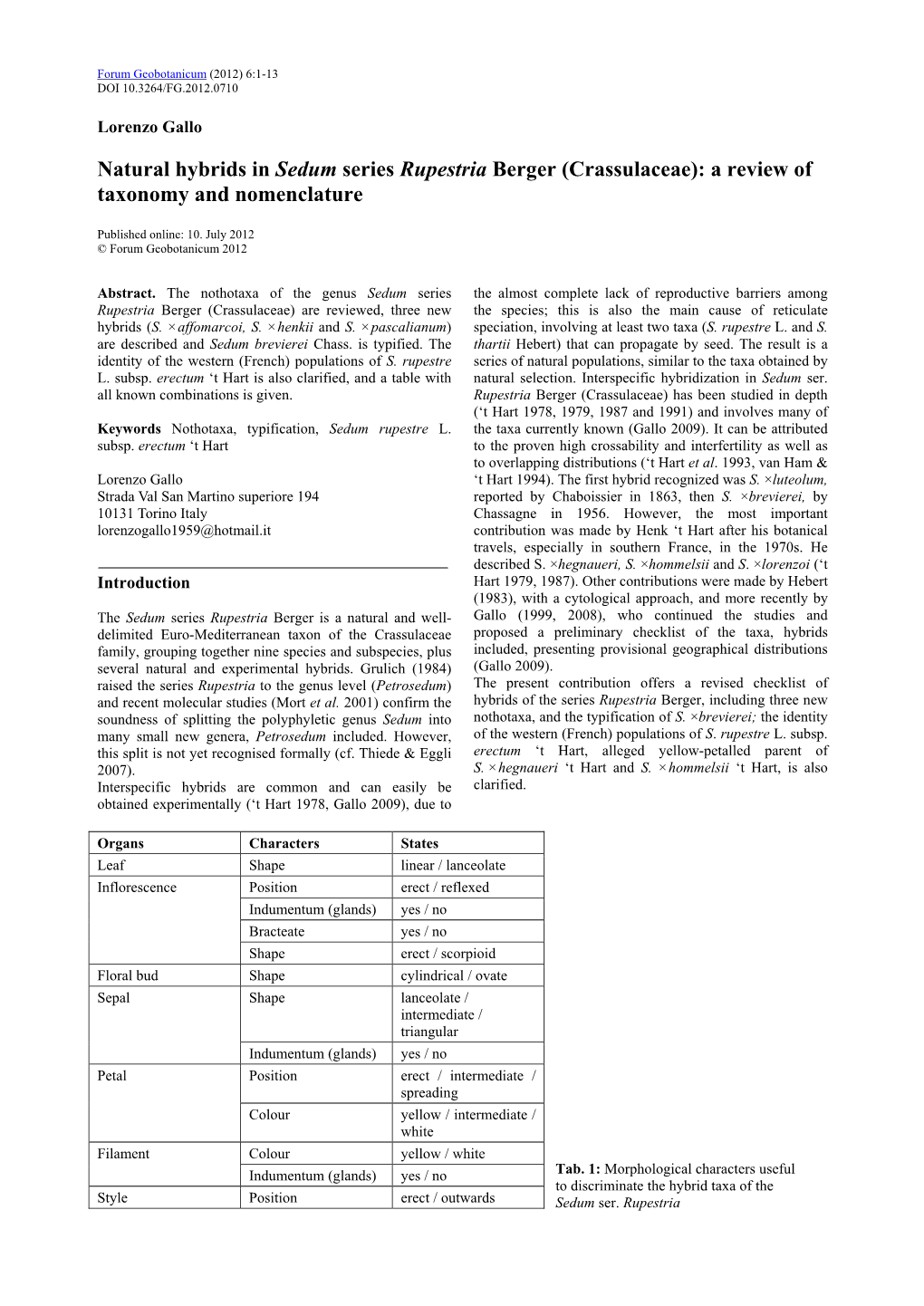 Natural Hybrids in Sedum Series Rupestria Berger (Crassulaceae): a Review of Taxonomy and Nomenclature