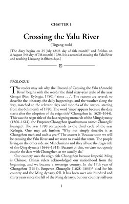 Crossing the Yalu River 7 8 (Togang-Nok) 9 [The Diary Begins on 25 July (24Th Day of 6Th Month)1 and Finishes on 10 8 August (9Th Day of 7Th Month) 1780