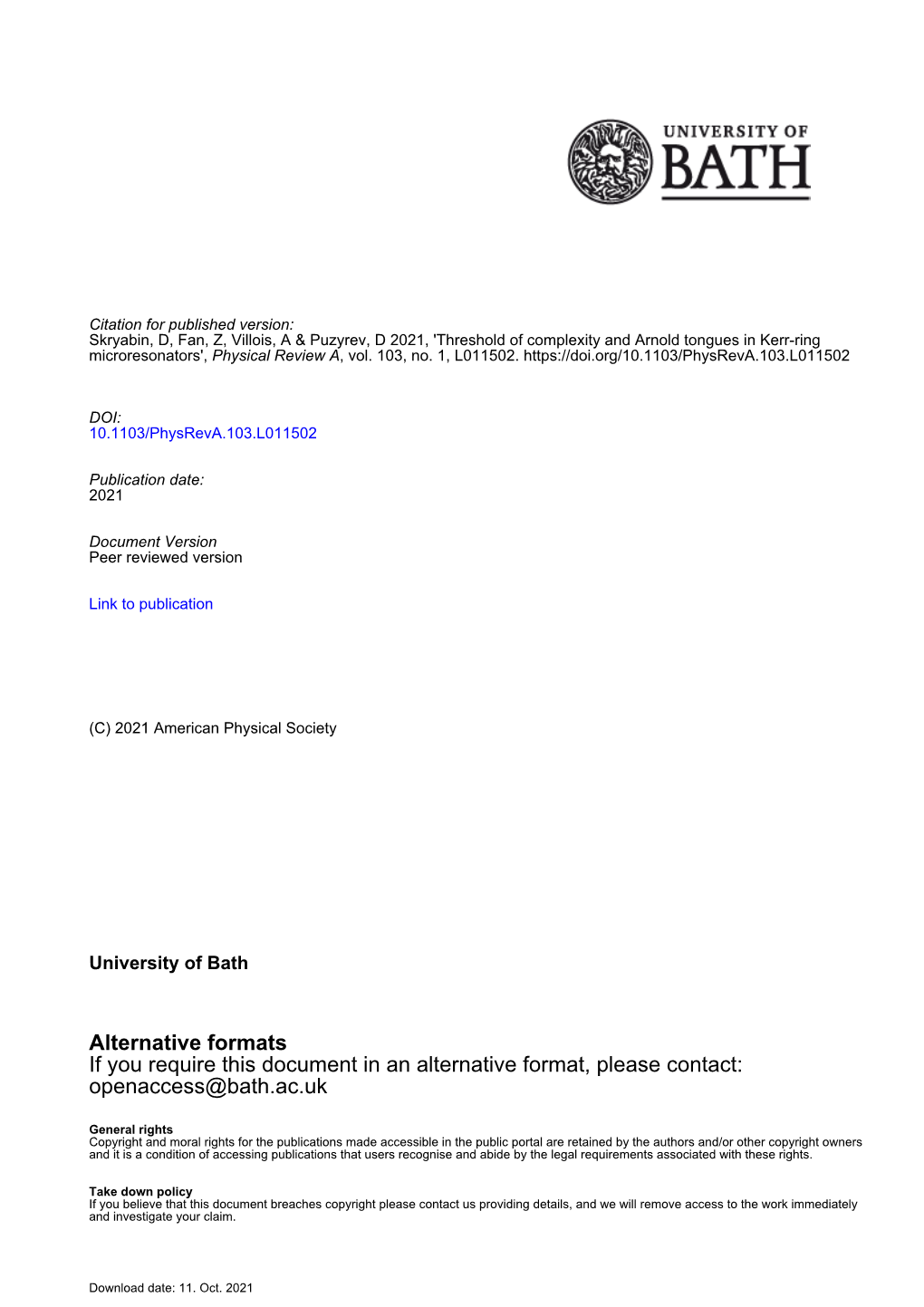 Alternative Formats If You Require This Document in an Alternative Format, Please Contact: Openaccess@Bath.Ac.Uk