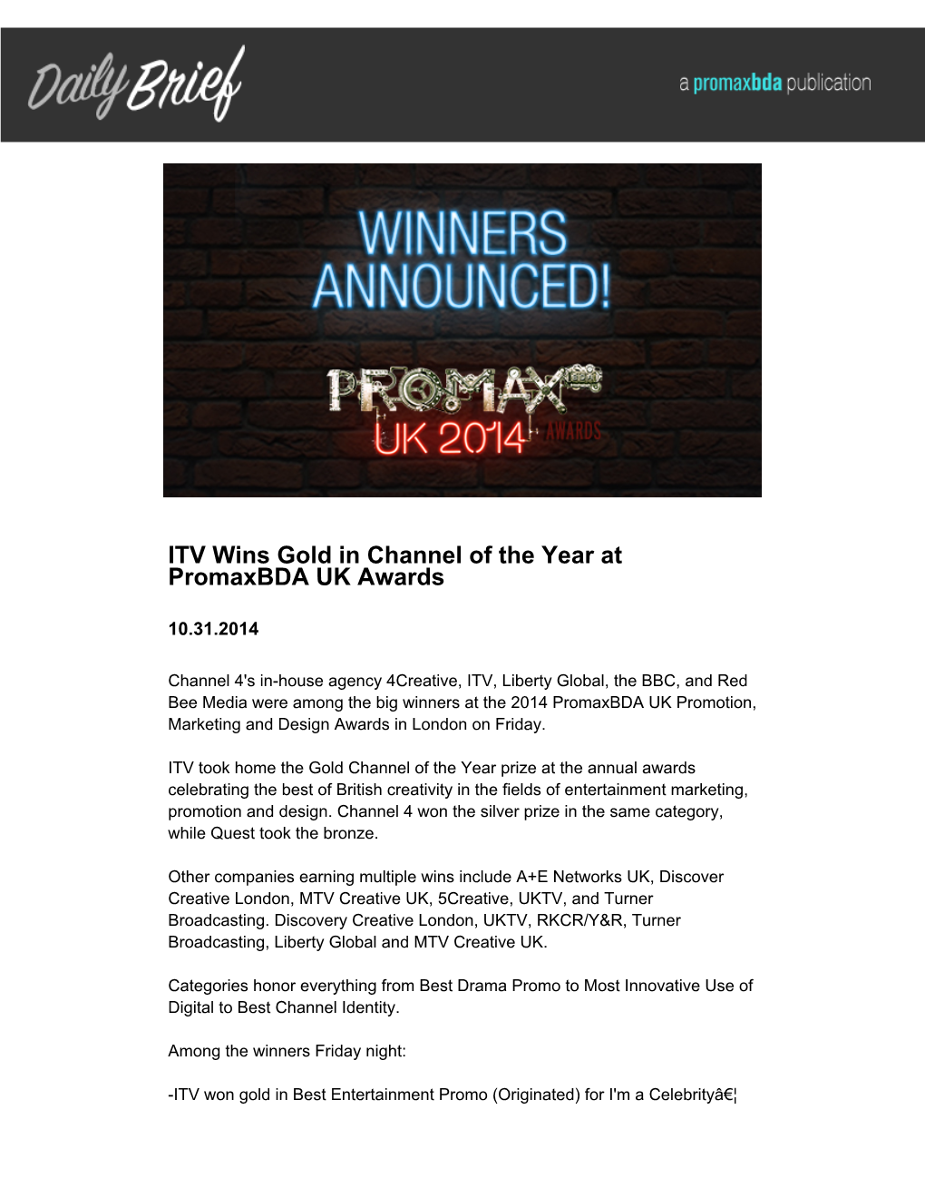 ITV Wins Gold in Channel of the Year at Promaxbda UK Awards